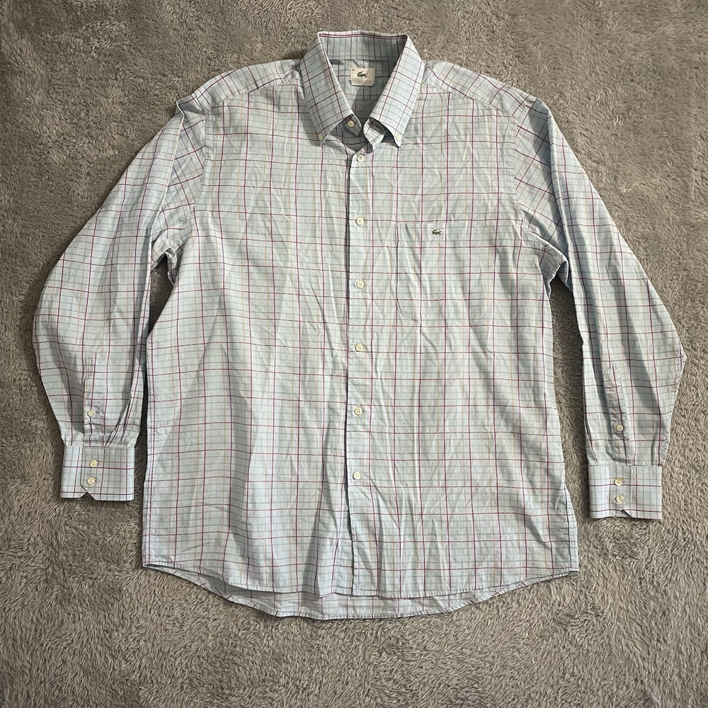 Lacoste Button Down Shirt Mens Size 45 Blue Multicolor Plaid Long Sleeve Pockets